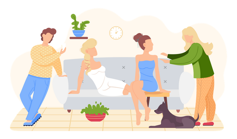 Friends are communicating and spending time together in living room  Illustration