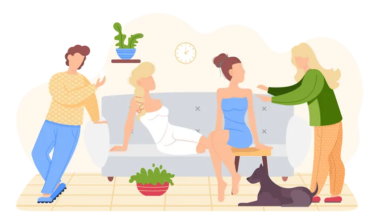 Friends are communicating and spending time together in living room  Illustration