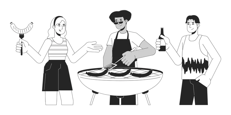 Friends Cooking Barbeque Black And White 2 D Line Cartoon Characters Multiracial Neighbors At Bbq Party Isolated Vector Outline People Grilled Food At Picnic Monochromatic Flat Spot Illustration Illustration