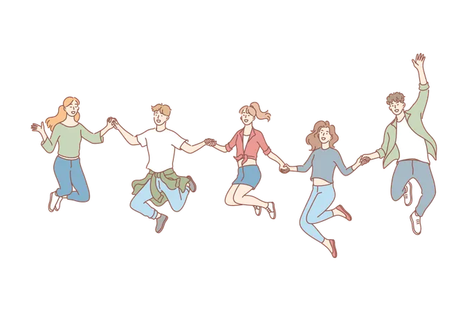Jumping People Friendship Leisure Set Concept Young Jumping Happy People Men And Women Boys And Girls Teenagers Students Together Holding Hands Happiness And Joy Lifestyle Simple Flat Vector Illustration