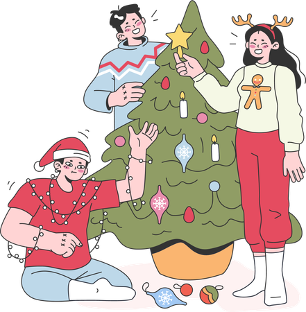 Friends are decorating christmas tree  Illustration