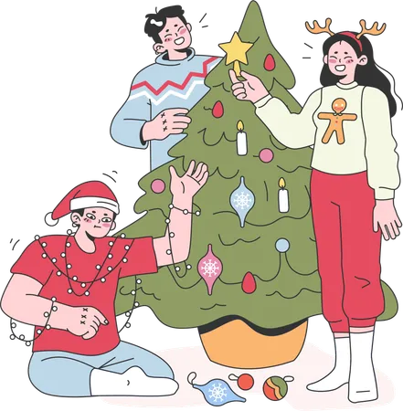 Friends are decorating christmas tree  Illustration