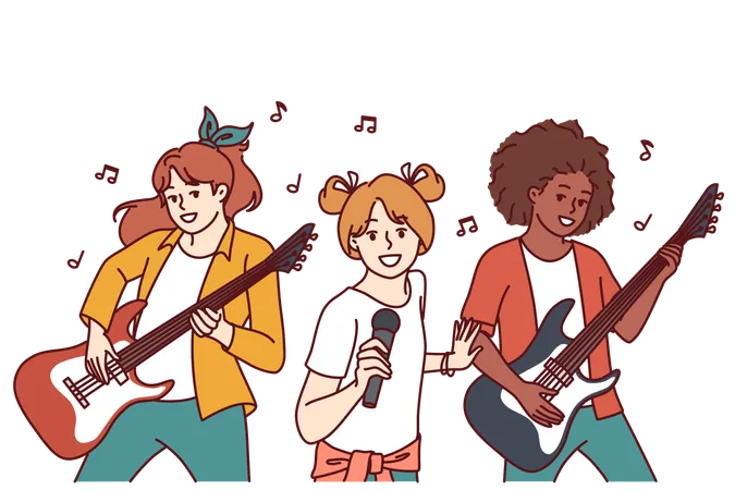 Musical Group Of Teenage Girls With Guitars And Microphone Performing At Amateur Concert Of Rock Culture Diverse Girls Perform At Entertainment Musical Event With Desire To Become Popular Singers Illustration