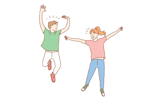 Jumping Kids Success Friendship Childhood Concept Young Happy Smiling Children Boy And Girl Teenagers Pupils Cartoon Characters Jump Bouncing Together Happiness And Joy Lifestyle Illustration イラスト