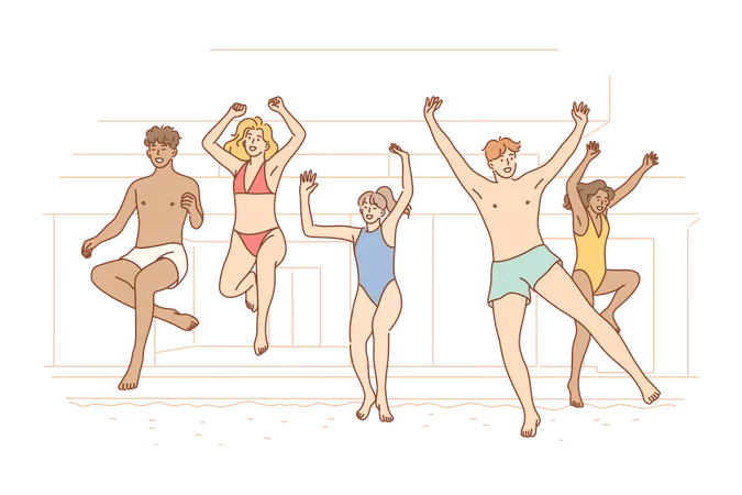 Summer Party Fun Holiday Concept Young Happy People Men Women Boys Girls Friends Teenagers Having Fun At Pool Jumping In Water Together Active Lifestyle Weekend Vacation Recreation Illustration Illustration