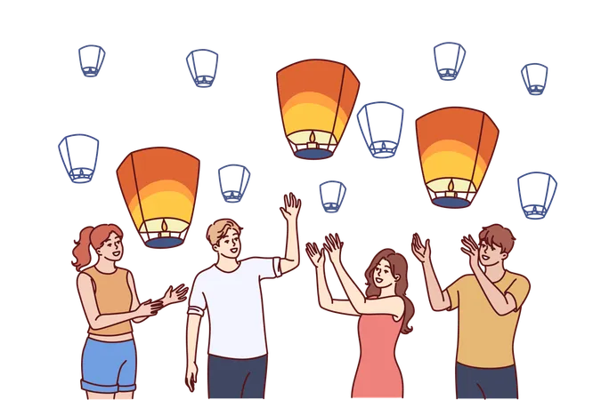 Group Of People Launch Aerial Chinese Lanterns While Making Cherished Wishes During Traditional Festival Young Friendly Men And Women With Air Lanterns Celebrate Chinese New Year イラスト