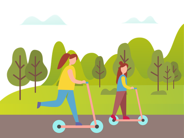 Friends are enjoying scooter in garden  Illustration