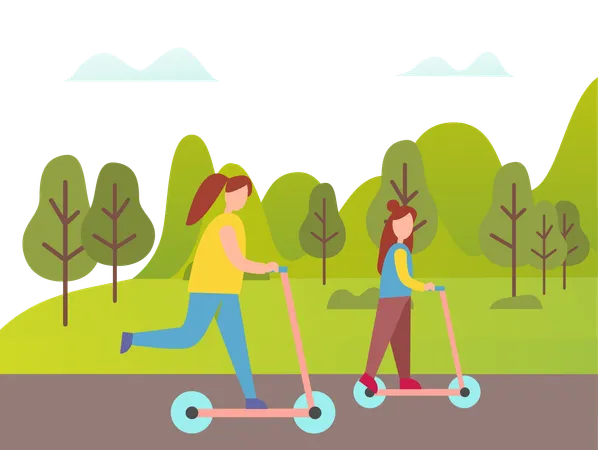 Friends are enjoying scooter in garden  Illustration