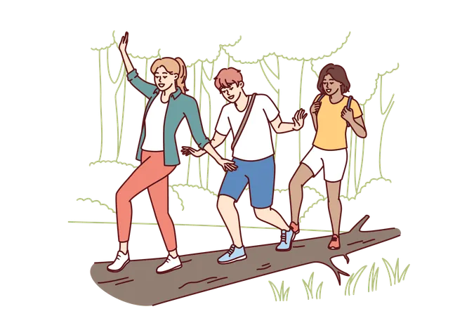 Group Of Friends Participate In Hike Balancing On Log Thrown Across River Instead Of Bridge Guy And Two Girls Enjoy Outdoor Activities And Hike In Nature Reserve With Impenetrable Terrain Illustration