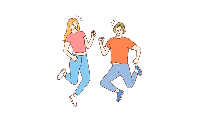 Jumping Teens Happiness Having Fun Concept Happy Boy And Girl Brother Sister Or Friends Jumping Together And Having Fun Summertime Fun Leisure Activity At Weekend Holiday Illustration Illustration