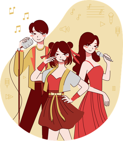 Friends are performing at music festival  Illustration