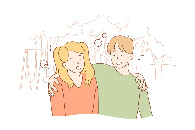 Hugging Happiness Concept Cartoon Characters Young Happy Smiling Boy And Girl Brother Sister Teenagers Siblings Standing In Park And Embracing Together True Friendship And Family Care Illustration Illustration