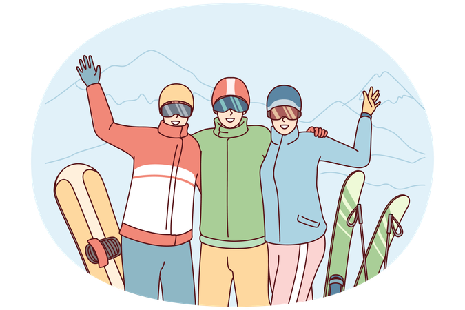 Friends at ski resort waving their hands posing on winter vacation  Illustration