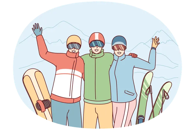 Friends at ski resort waving their hands posing on winter vacation  Illustration
