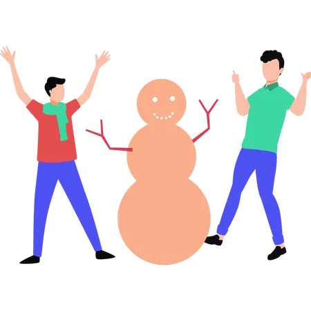 Friends building snowman  Illustration