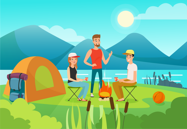 Friends camping near lake  Illustration