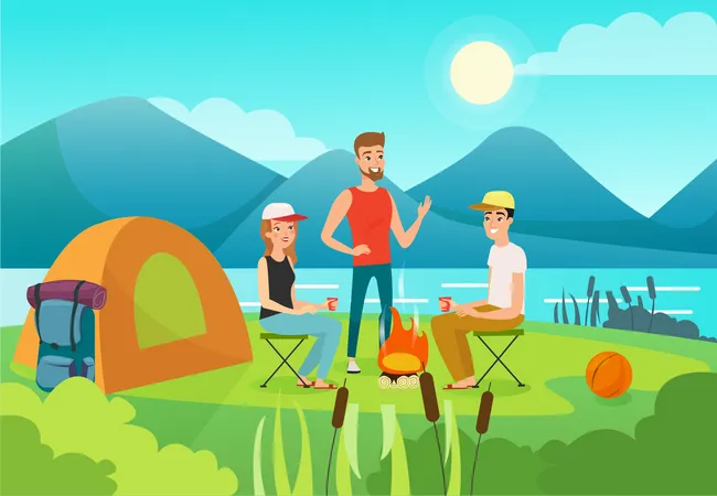 Friends camping near lake  Illustration