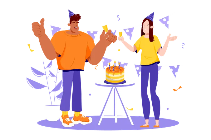 Birthday Party Violet Concept With People Scene In The Flat Cartoon Style Friends Celebrate The Birthday Of One Of Them With A Cake And Other Decorations Vector Illustration Illustration