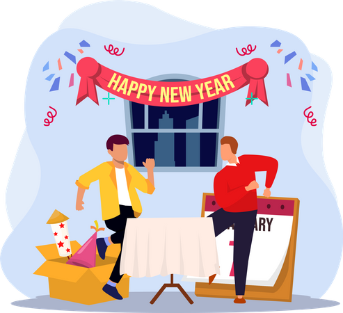 Friends celebrate new year by dancing Illustration