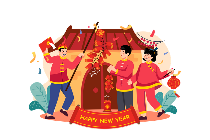 Friends celebrating Chinese new year evening  Illustration