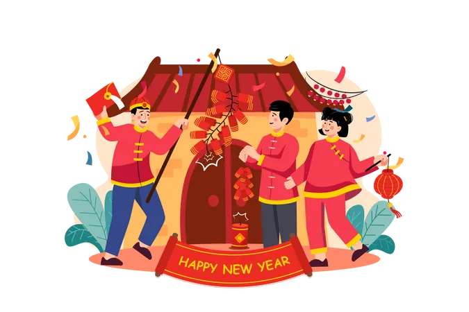 Friends celebrating Chinese new year evening  Illustration