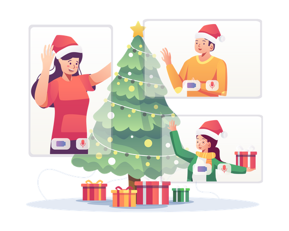 Friends celebrating Christmas via video call Illustration