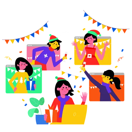 Friends celebrating new year on video call  Illustration
