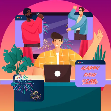 Friends celebrating new year through video call  Illustration