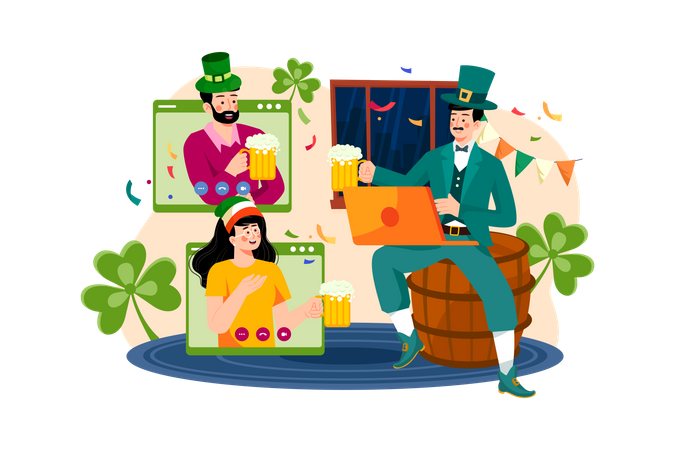 Friends celebrating St. Patrick's Day on online video conference  Illustration