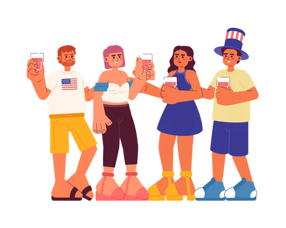 Friends Celebrating Toasting Glasses Semi Flat Colorful Vector Characters 4th Of July Independence Day Editable Full Body People On White Simple Cartoon Spot Illustration For Web Graphic Design Illustration