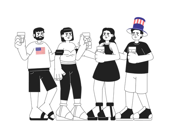 Friends Celebrating Toasting Glasses Monochromatic Flat Vector Characters 4th Of July Independence Day Editable Line Full Body People On White Simple Bw Cartoon Spot Image For Web Graphic Design Illustration