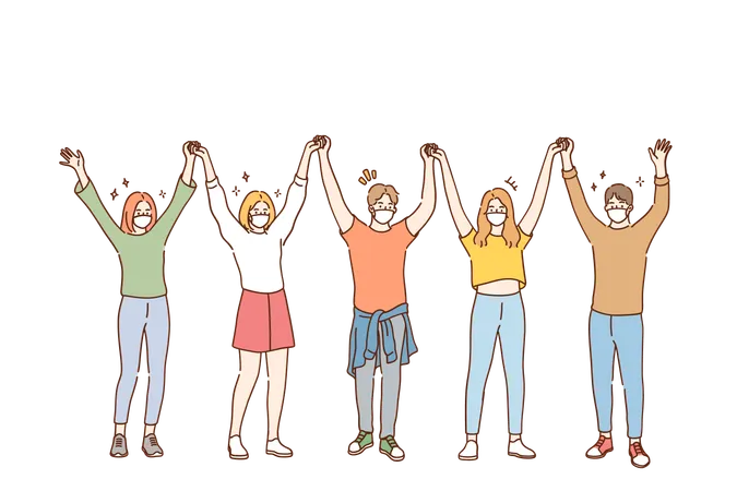 Friendship And Having Fun During COVID 19 Pandemic Concept Group Of Young Positive Friends In Protective Medical Face Masks Standing And Holding Raised Hands In Team During Pandemic Illustration Illustration