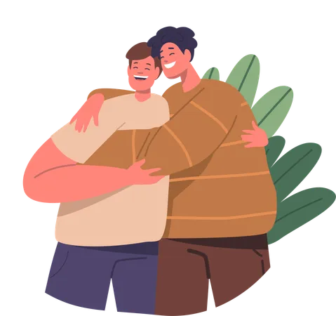 Brothers Or Friends Characters Embrace In A Heartfelt Hug Smiles And Warmth Exchanged A Bond Unbroken By Time Encapsulating The Essence Of Enduring Companionship Cartoon People Vector Illustration Illustration