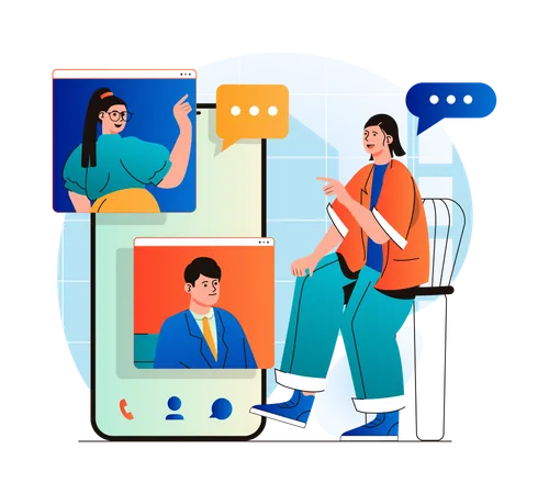 Video Chatting Concept In Modern Flat Design Friends Communicate By Group Video Call At Different Screens Online Communication Technology And Virtual Meeting At Zoom Programm Vector Illustration Illustration