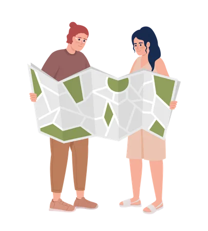 Young Couple Checking Route Semi Flat Color Vector Characters Editable Figure Full Body People On White Summer Vacation Simple Cartoon Style Illustration For Web Graphic Design And Animation Illustration