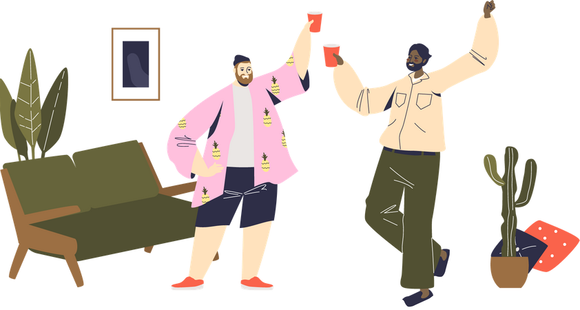 Friends cheering with plastic glasses during home party  Illustration