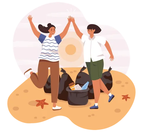 Friends Collecting Garbage  Illustration