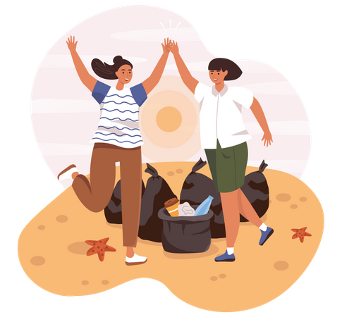 Friends Collecting Garbage  Illustration