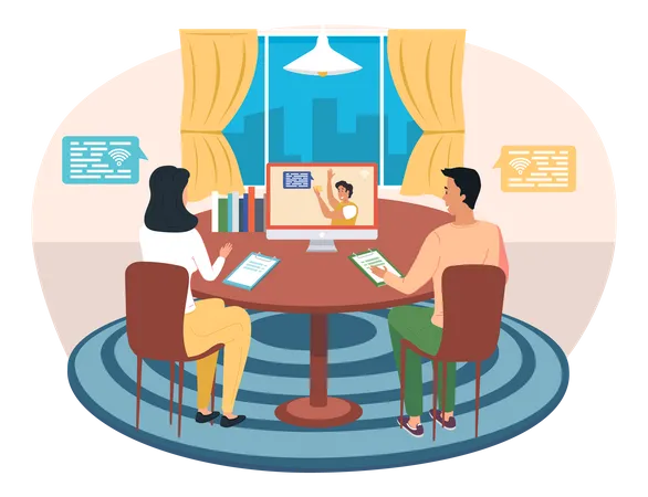Friends communicating online via video conference Illustration