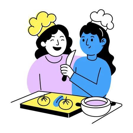 주방에서 요리하는 친구들  일러스트레이션