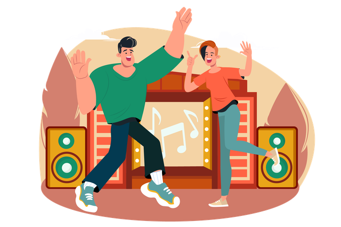 Friends dance to cool songs at a music festival  Illustration