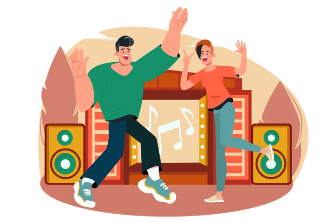 Friends dance to cool songs at a music festival  Illustration