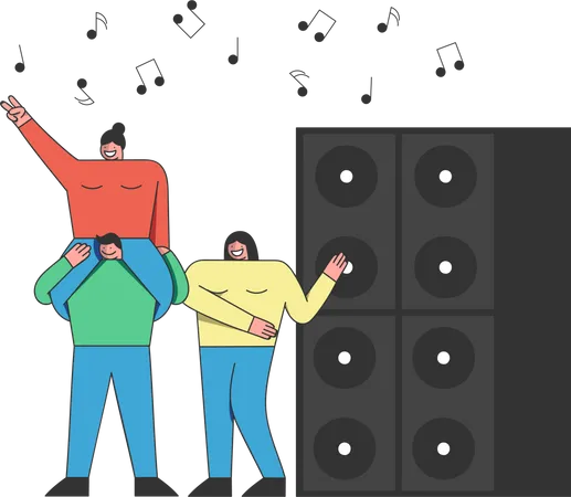 Dance Party Concept Three Friends Are Having Fun And Dancing At Disco Music Club Notes And Big Speakers On The Background Cartoon Outline Linear Flat Vector Illustration Illustration