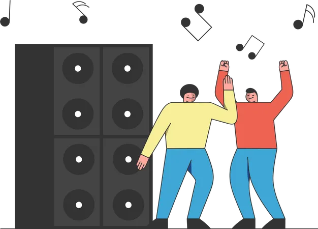 Dance Party Concept Two Men Are Having Fun And Dancing At Disco Music Club Black Notes And Big Speakers On The Background Cartoon Outline Linear Flat Vector Illustration Illustration