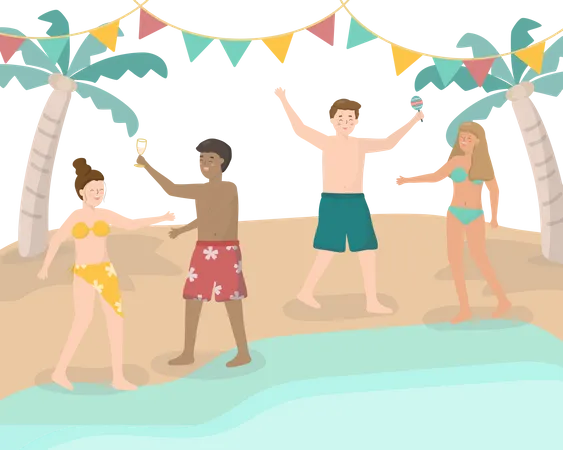 Summer Time Beach People Young People Friends Dancing On The Beach Tropic Summer Fun Vacation And Travel On Background And Palm Exotic Island Flat Vector Illustration Illustration
