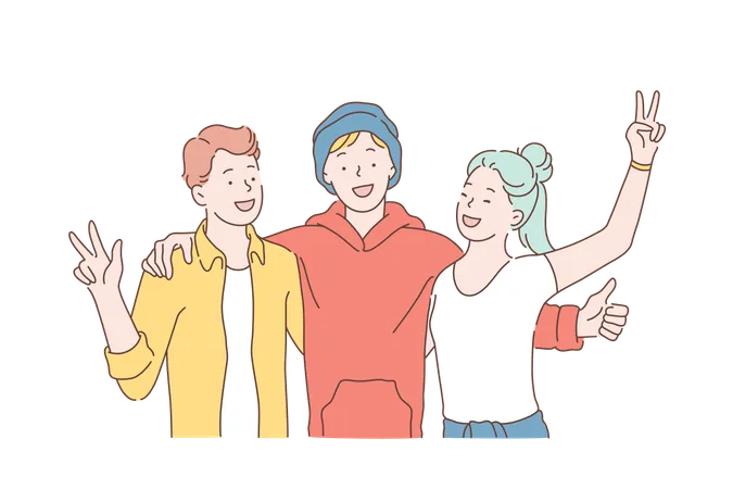 Friendship Day Team Cooperation Concept Happy School Friends Or Teens Schoolmates Hugging Together Young Girl And Guys Raised Their Hands With Peace Sign Simple Flat Vector Illustration