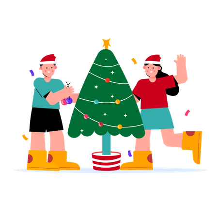Friends decorating christmas tree  Illustration