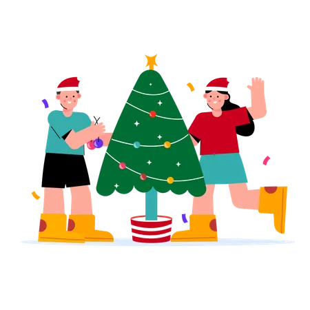 Friends decorating christmas tree  Illustration
