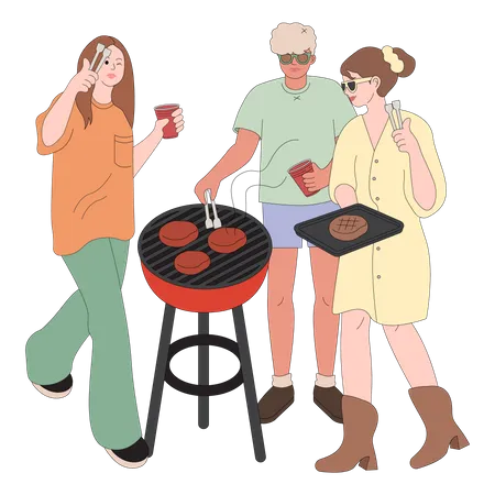 Friends doing bbq party  Illustration
