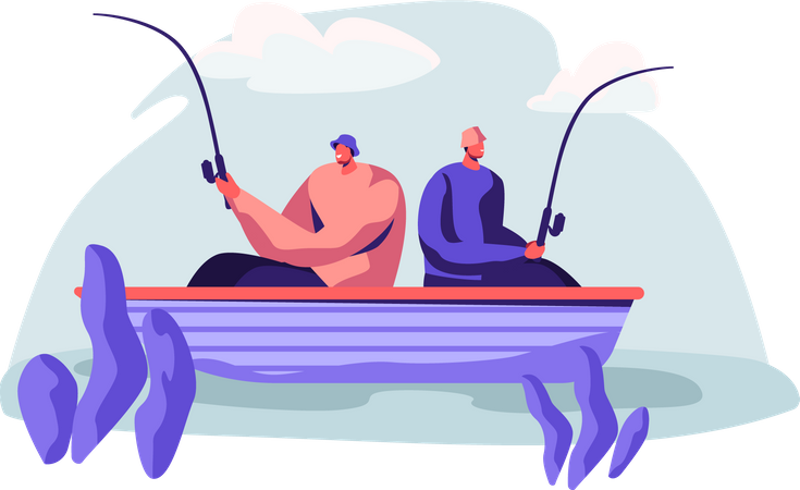 Friends doing fishing in calm lake  Illustration